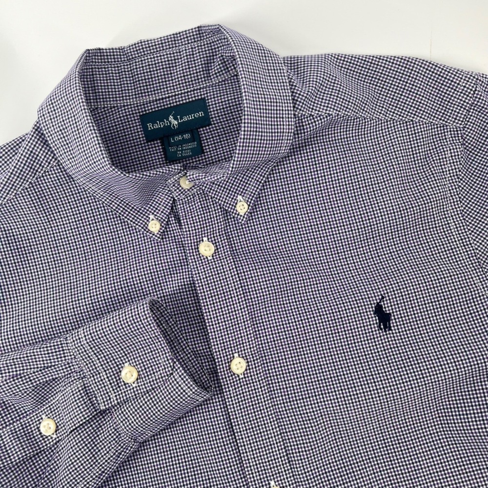 Ralph Lauren Kids Purple Navy Gingham Button Down Shirt Long Sleeve Sz L 14-16
